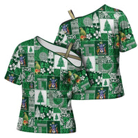Norfolk Island Meri Krismas Cross Shoulder Shirt Pacific Patchwork Xmas Vibes - Polynesian Pride