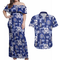 Northern Mariana Islands Magof Nochebuena Couples Matching Off Shoulder Maxi Dress and Hawaiian Shirt Pacific Patchwork Xmas Vibes LT9 Blue - Polynesian Pride