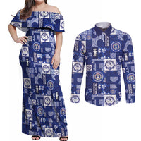 Northern Mariana Islands Magof Nochebuena Couples Matching Off Shoulder Maxi Dress and Long Sleeve Button Shirt Pacific Patchwork Xmas Vibes LT9 Blue - Polynesian Pride