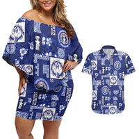 Northern Mariana Islands Magof Nochebuena Couples Matching Off Shoulder Short Dress and Hawaiian Shirt Pacific Patchwork Xmas Vibes LT9 Blue - Polynesian Pride