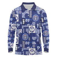 Northern Mariana Islands Magof Nochebuena Long Sleeve Polo Shirt Pacific Patchwork Xmas Vibes LT9 Blue - Polynesian Pride