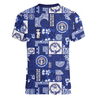 Northern Mariana Islands Magof Nochebuena Women V-Neck T-Shirt Pacific Patchwork Xmas Vibes LT9 - Polynesian Pride