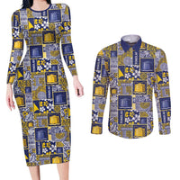 Tokelau Manuia te Kilihimahi Couples Matching Long Sleeve Bodycon Dress and Long Sleeve Button Shirt Pacific Patchwork Xmas Vibes LT9 Blue - Polynesian Pride