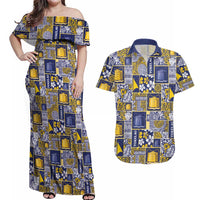 Tokelau Manuia te Kilihimahi Couples Matching Off Shoulder Maxi Dress and Hawaiian Shirt Pacific Patchwork Xmas Vibes LT9 Blue - Polynesian Pride