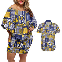 Tokelau Manuia te Kilihimahi Couples Matching Off Shoulder Short Dress and Hawaiian Shirt Pacific Patchwork Xmas Vibes LT9 Blue - Polynesian Pride