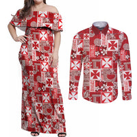 Wallis Et Futuna Kilisimasi Fiefia Couples Matching Off Shoulder Maxi Dress and Long Sleeve Button Shirt Pacific Patchwork Xmas Vibes LT9 Red - Polynesian Pride
