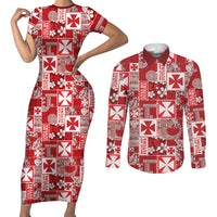 Wallis Et Futuna Kilisimasi Fiefia Couples Matching Short Sleeve Bodycon Dress and Long Sleeve Button Shirt Pacific Patchwork Xmas Vibes LT9 Red - Polynesian Pride