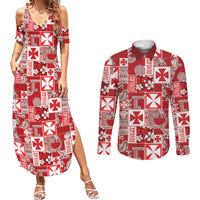 Wallis Et Futuna Kilisimasi Fiefia Couples Matching Summer Maxi Dress and Long Sleeve Button Shirt Pacific Patchwork Xmas Vibes LT9 Red - Polynesian Pride