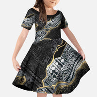 Polynesian Tribal Tattoo Family Matching Long Sleeve Bodycon Dress and Hawaiian Shirt Dark Marble Pattern LT9 Daughter's Dress Black - Polynesian Pride