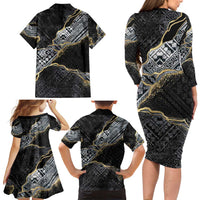 Polynesian Tribal Tattoo Family Matching Long Sleeve Bodycon Dress and Hawaiian Shirt Dark Marble Pattern LT9 - Polynesian Pride