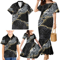 Polynesian Tribal Tattoo Family Matching Mermaid Dress and Hawaiian Shirt Dark Marble Pattern LT9 - Polynesian Pride