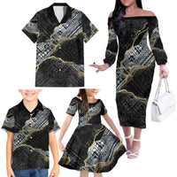 Polynesian Tribal Tattoo Family Matching Off The Shoulder Long Sleeve Dress and Hawaiian Shirt Dark Marble Pattern LT9 Black - Polynesian Pride