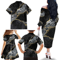 Polynesian Tribal Tattoo Family Matching Off The Shoulder Long Sleeve Dress and Hawaiian Shirt Dark Marble Pattern LT9 - Polynesian Pride