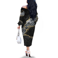 Polynesian Tribal Tattoo Family Matching Off The Shoulder Long Sleeve Dress and Hawaiian Shirt Dark Marble Pattern LT9 - Polynesian Pride