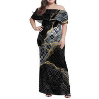 Polynesian Tribal Tattoo Family Matching Off Shoulder Maxi Dress and Hawaiian Shirt Dark Marble Pattern LT9 Mom's Dress Black - Polynesian Pride
