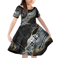 Polynesian Tribal Tattoo Family Matching Off Shoulder Short Dress and Hawaiian Shirt Dark Marble Pattern LT9 Daughter's Dress Black - Polynesian Pride
