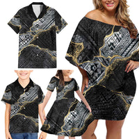 Polynesian Tribal Tattoo Family Matching Off Shoulder Short Dress and Hawaiian Shirt Dark Marble Pattern LT9 - Polynesian Pride