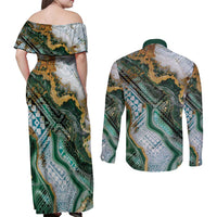 Polynesian Tribal Tattoo Couples Matching Off Shoulder Maxi Dress and Long Sleeve Button Shirt Green Marble Pattern