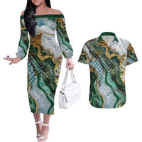 Polynesian Tribal Tattoo Couples Matching Off The Shoulder Long Sleeve Dress and Hawaiian Shirt Green Marble Pattern LT9 Green - Polynesian Pride