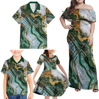 Polynesian Tribal Tattoo Family Matching Off Shoulder Maxi Dress and Hawaiian Shirt Green Marble Pattern LT9 - Polynesian Pride