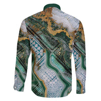 Polynesian Tribal Tattoo Family Matching Off Shoulder Maxi Dress and Hawaiian Shirt Green Marble Pattern LT9 - Polynesian Pride
