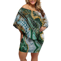 Polynesian Tribal Tattoo Family Matching Off Shoulder Short Dress and Hawaiian Shirt Green Marble Pattern LT9 Mom's Dress Green - Polynesian Pride