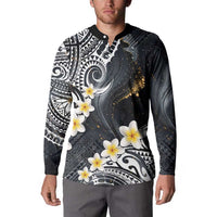 Polynesian Tribal Tattoo Button Sweatshirt Plumeria Black Gold Marble Pattern