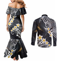 Polynesian Tribal Tattoo Couples Matching Mermaid Dress and Long Sleeve Button Shirt Plumeria Black Gold Marble Pattern LT9 - Polynesian Pride