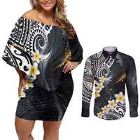 Polynesian Tribal Tattoo Couples Matching Off Shoulder Short Dress and Long Sleeve Button Shirt Plumeria Black Gold Marble Pattern LT9 Black - Polynesian Pride