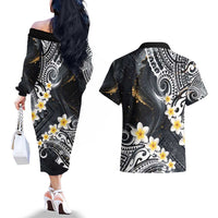Polynesian Tribal Tattoo Couples Matching Off The Shoulder Long Sleeve Dress and Hawaiian Shirt Plumeria Black Gold Marble Pattern LT9 - Polynesian Pride