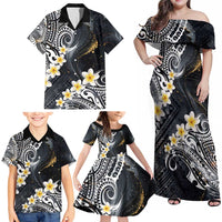Polynesian Tribal Tattoo Family Matching Off Shoulder Maxi Dress and Hawaiian Shirt Plumeria Black Gold Marble Pattern LT9 - Polynesian Pride