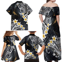 Polynesian Tribal Tattoo Family Matching Off Shoulder Maxi Dress and Hawaiian Shirt Plumeria Black Gold Marble Pattern LT9 - Polynesian Pride