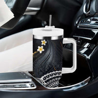 Polynesian Tribal Tattoo Tumbler With Handle Plumeria Black Gold Marble Pattern