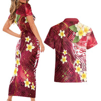 Polynesian Tribal Tattoo Couples Matching Short Sleeve Bodycon Dress and Hawaiian Shirt Plumeria Blood Red and Gold Marble Pattern LT9 - Polynesian Pride