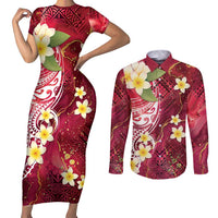 Polynesian Tribal Tattoo Couples Matching Short Sleeve Bodycon Dress and Long Sleeve Button Shirt Plumeria Blood Red and Gold Marble Pattern LT9 Red - Polynesian Pride