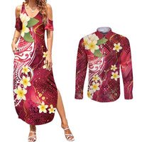 Polynesian Tribal Tattoo Couples Matching Summer Maxi Dress and Long Sleeve Button Shirt Plumeria Blood Red and Gold Marble Pattern LT9 Red - Polynesian Pride