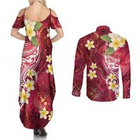 Polynesian Tribal Tattoo Couples Matching Summer Maxi Dress and Long Sleeve Button Shirt Plumeria Blood Red and Gold Marble Pattern LT9 - Polynesian Pride