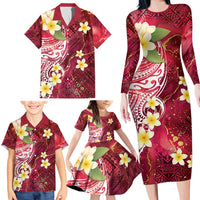 Polynesian Tribal Tattoo Family Matching Long Sleeve Bodycon Dress and Hawaiian Shirt Plumeria Blood Red and Gold Marble Pattern LT9 - Polynesian Pride