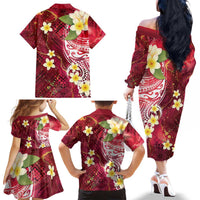 Polynesian Tribal Tattoo Family Matching Off The Shoulder Long Sleeve Dress and Hawaiian Shirt Plumeria Blood Red and Gold Marble Pattern LT9 - Polynesian Pride