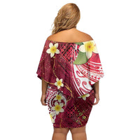 Polynesian Tribal Tattoo Family Matching Off Shoulder Short Dress and Hawaiian Shirt Plumeria Blood Red and Gold Marble Pattern LT9 - Polynesian Pride