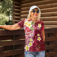 Polynesian Tribal Tattoo Women Polo Shirt Plumeria Blood Red and Gold Marble Pattern