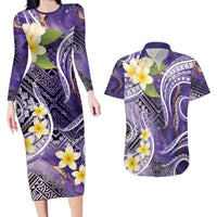Polynesian Tribal Tattoo Couples Matching Long Sleeve Bodycon Dress and Hawaiian Shirt Plumeria Purple Marble Pattern LT9 Purple - Polynesian Pride