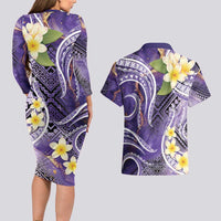 Polynesian Tribal Tattoo Couples Matching Long Sleeve Bodycon Dress and Hawaiian Shirt Plumeria Purple Marble Pattern LT9 - Polynesian Pride