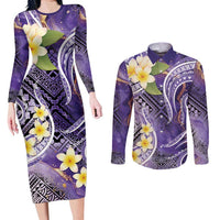 Polynesian Tribal Tattoo Couples Matching Long Sleeve Bodycon Dress and Long Sleeve Button Shirt Plumeria Purple Marble Pattern LT9 Purple - Polynesian Pride