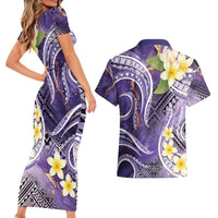 Polynesian Tribal Tattoo Couples Matching Short Sleeve Bodycon Dress and Hawaiian Shirt Plumeria Purple Marble Pattern LT9 - Polynesian Pride