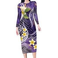 Polynesian Tribal Tattoo Family Matching Long Sleeve Bodycon Dress and Hawaiian Shirt Plumeria Purple Marble Pattern LT9 Mom's Dress Purple - Polynesian Pride