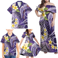 Polynesian Tribal Tattoo Family Matching Off Shoulder Maxi Dress and Hawaiian Shirt Plumeria Purple Marble Pattern LT9 - Polynesian Pride