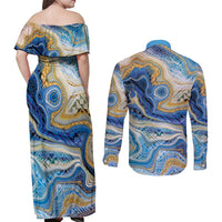 Polynesian Tribal Tattoo Couples Matching Off Shoulder Maxi Dress and Long Sleeve Button Shirt Swirling Ocean Marble Pattern