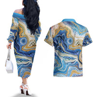 Polynesian Tribal Tattoo Couples Matching Off The Shoulder Long Sleeve Dress and Hawaiian Shirt Swirling Ocean Marble Pattern LT9 - Polynesian Pride