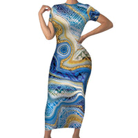 Polynesian Tribal Tattoo Family Matching Short Sleeve Bodycon Dress and Hawaiian Shirt Swirling Ocean Marble Pattern LT9 Mom's Dress Ocean - Polynesian Pride